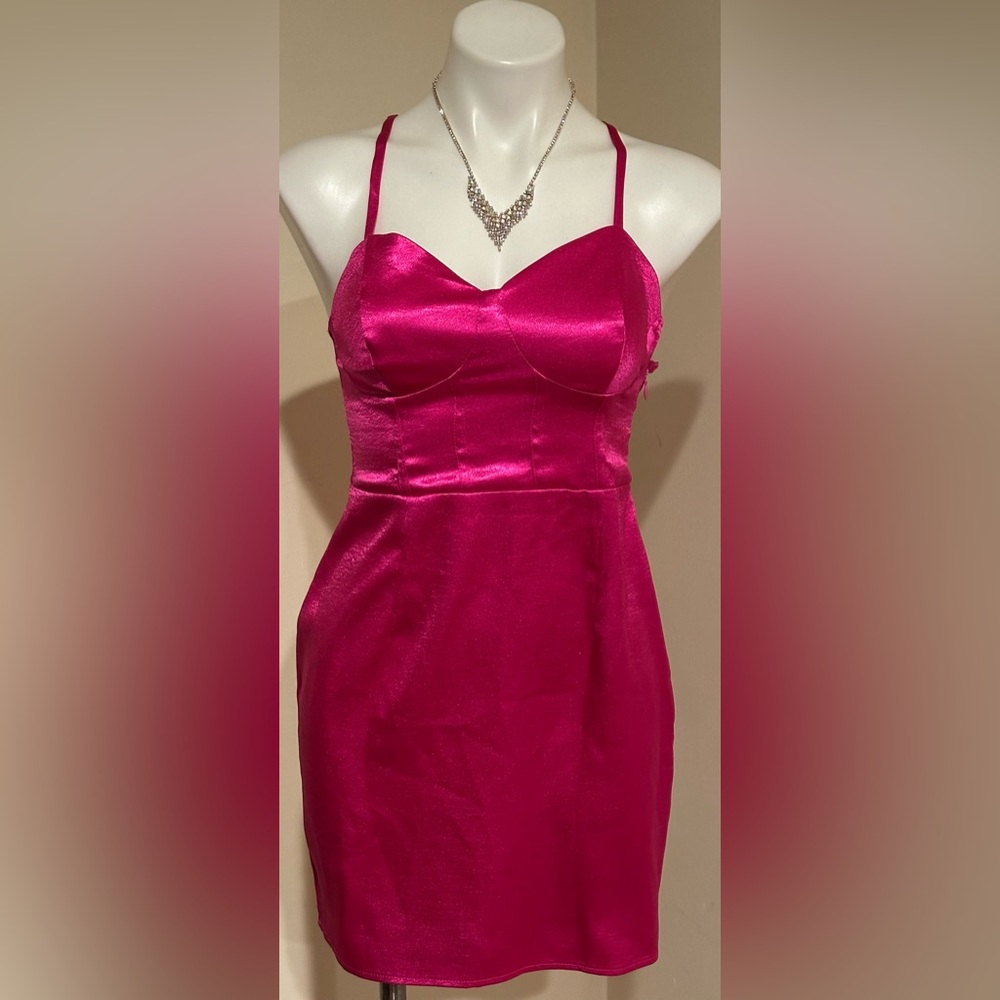 WILD FABLE Vibrant Hot Pink Satin Criss Cross SweetHeart Corset Mini Dress Sz XS